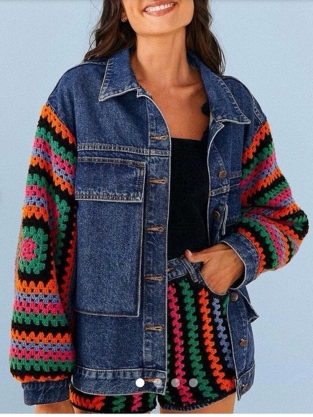 Farm Rio Crochet Over-Sized Denim Jacket